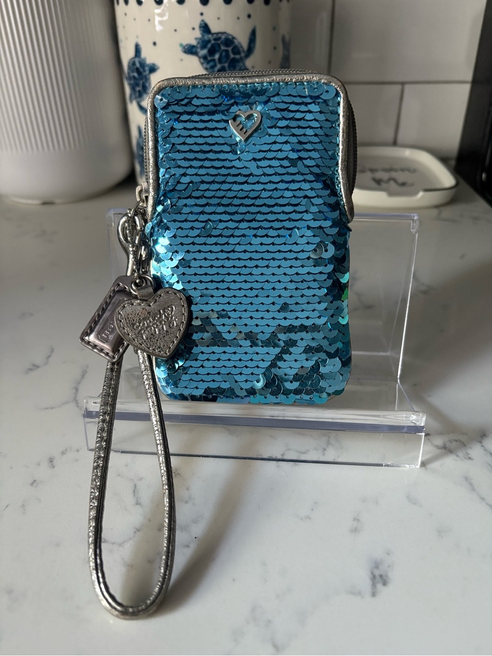 Coach Poppy Turquoise Sequin Wristlet. EUC.